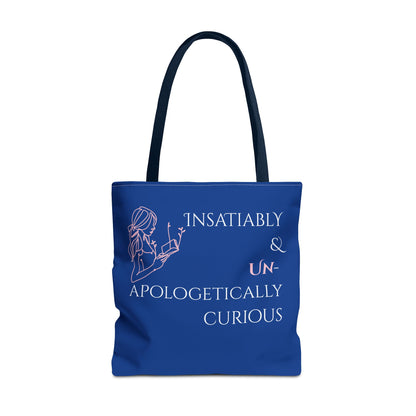 Tote Bag (Blue) | Insatiably Curious | Design for Book Lovers, Students, Teachers, Gifts, Everyday Use