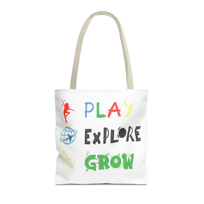 Tote Bag (White) | Play Explore Grow | Design for Book Lovers, Students, Teachers, Gifts, Everyday Use