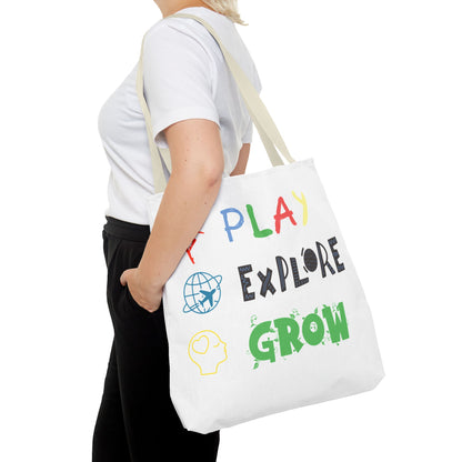 Tote Bag (White) | Play Explore Grow | Design for Book Lovers, Students, Teachers, Gifts, Everyday Use