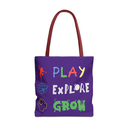 Tote Bag (Purple) | Play Explore Grow | Design for Book Lovers, Students, Teachers, Gifts, Everyday Use