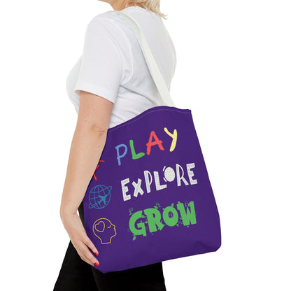 Tote Bag (Purple) | Play Explore Grow | Design for Book Lovers, Students, Teachers, Gifts, Everyday Use