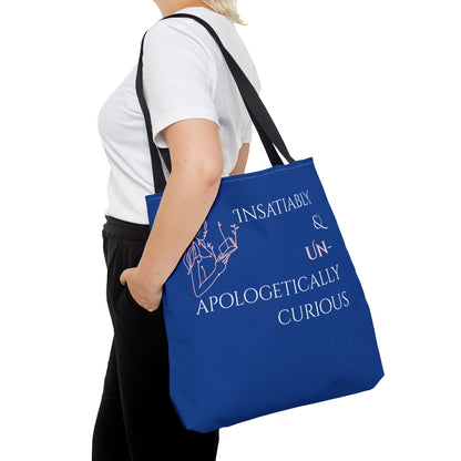 Tote Bag (Blue) | Insatiably Curious | Design for Book Lovers, Students, Teachers, Gifts, Everyday Use