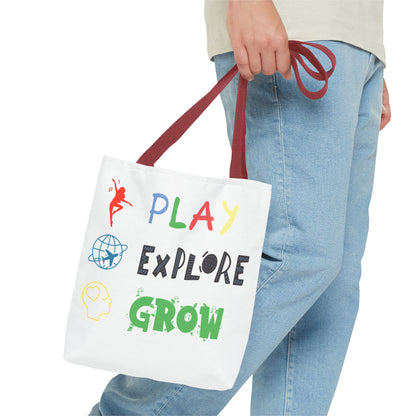 Tote Bag (White) | Play Explore Grow | Design for Book Lovers, Students, Teachers, Gifts, Everyday Use