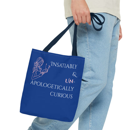 Tote Bag (Blue) | Insatiably Curious | Design for Book Lovers, Students, Teachers, Gifts, Everyday Use