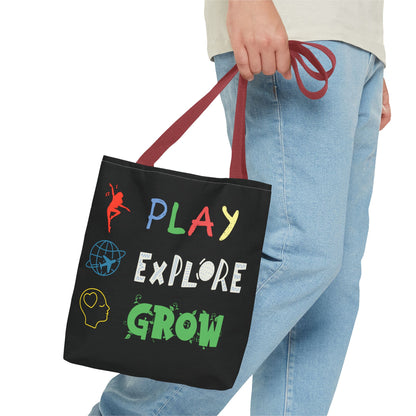 Tote Bag (Black) | Play Explore Grow | Design for Book Lovers, Students, Teachers, Gifts, Everyday Use