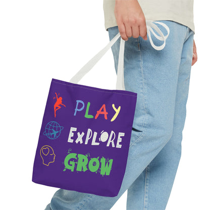 Tote Bag (Purple) | Play Explore Grow | Design for Book Lovers, Students, Teachers, Gifts, Everyday Use