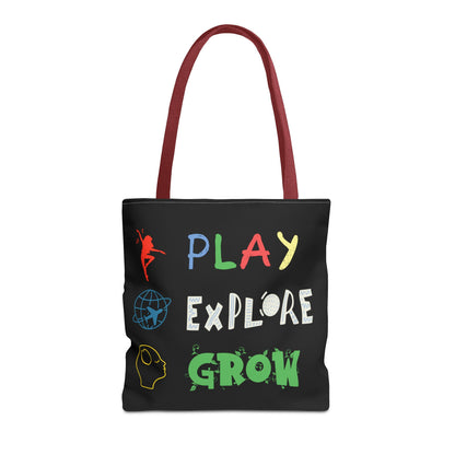 Tote Bag (Black) | Play Explore Grow | Design for Book Lovers, Students, Teachers, Gifts, Everyday Use