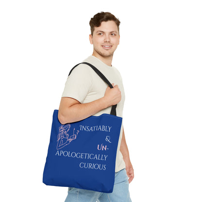 Tote Bag (Blue) | Insatiably Curious | Design for Book Lovers, Students, Teachers, Gifts, Everyday Use