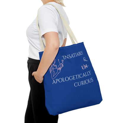 Tote Bag (Blue) | Insatiably Curious | Design for Book Lovers, Students, Teachers, Gifts, Everyday Use