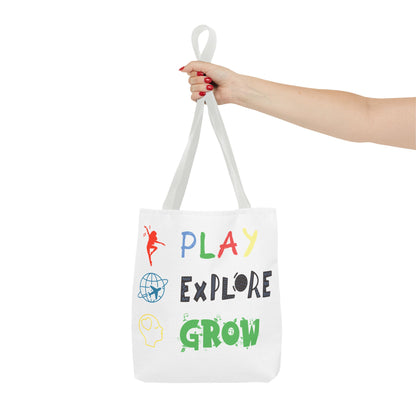 Tote Bag (White) | Play Explore Grow | Design for Book Lovers, Students, Teachers, Gifts, Everyday Use