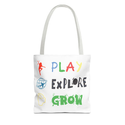 Tote Bag (White) | Play Explore Grow | Design for Book Lovers, Students, Teachers, Gifts, Everyday Use