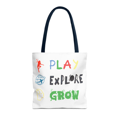 Tote Bag (White) | Play Explore Grow | Design for Book Lovers, Students, Teachers, Gifts, Everyday Use
