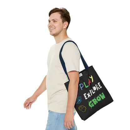 Tote Bag (Black) | Play Explore Grow | Design for Book Lovers, Students, Teachers, Gifts, Everyday Use
