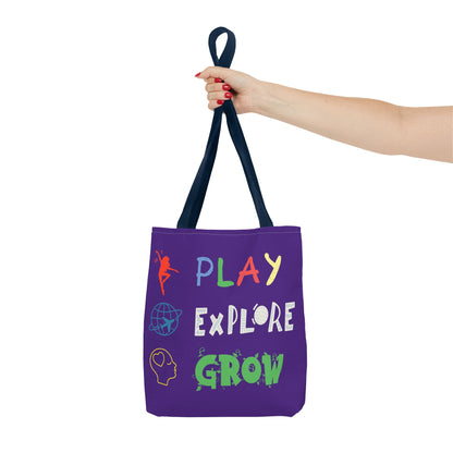 Tote Bag (Purple) | Play Explore Grow | Design for Book Lovers, Students, Teachers, Gifts, Everyday Use