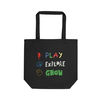 Eco-Friendly Tote Bag (Black) - Play Explore Grow | Reusable Shopping Bag, Beach Bag, Gift Bag, Grocery Tote