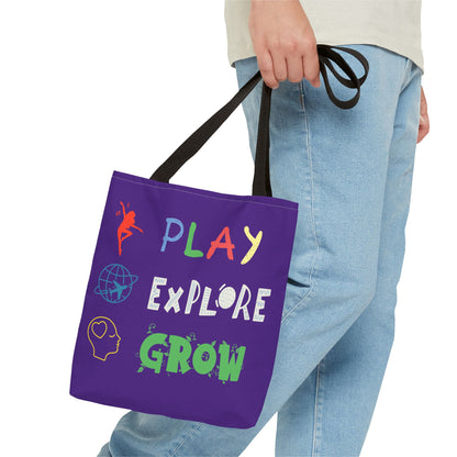 Tote Bag (Purple) | Play Explore Grow | Design for Book Lovers, Students, Teachers, Gifts, Everyday Use