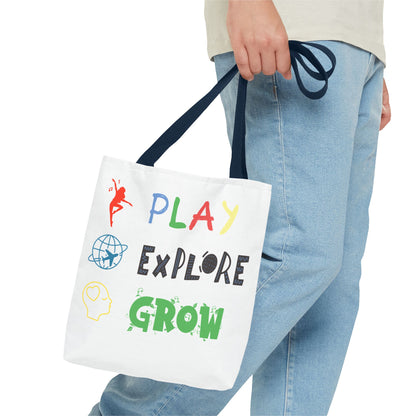 Tote Bag (White) | Play Explore Grow | Design for Book Lovers, Students, Teachers, Gifts, Everyday Use