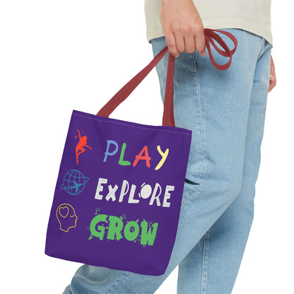 Tote Bag (Purple) | Play Explore Grow | Design for Book Lovers, Students, Teachers, Gifts, Everyday Use