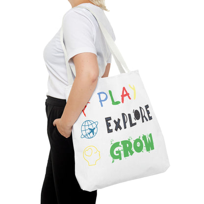 Tote Bag (White) | Play Explore Grow | Design for Book Lovers, Students, Teachers, Gifts, Everyday Use