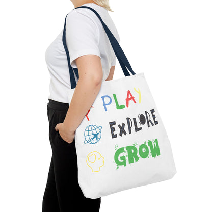 Tote Bag (White) | Play Explore Grow | Design for Book Lovers, Students, Teachers, Gifts, Everyday Use